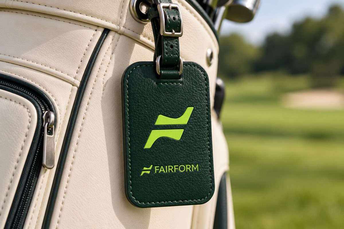 Forest-green leather Fairform bag tag on a cream golf bag