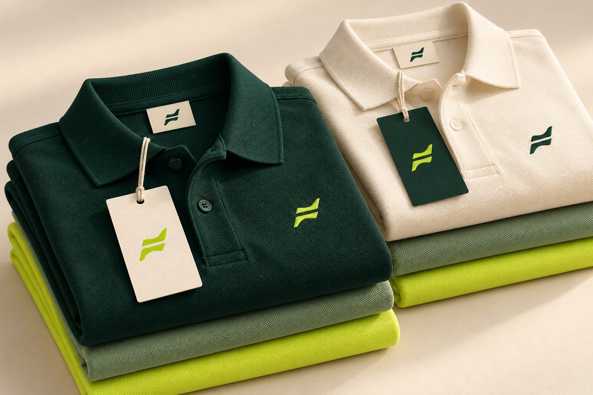 Folded Fairform polos in forest green, cream, sage and lime
