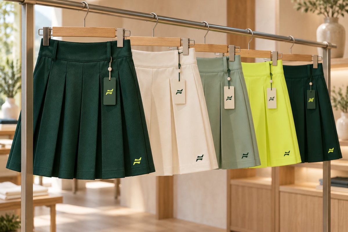 Fairform pleated golf skirts on a rail in five colourways