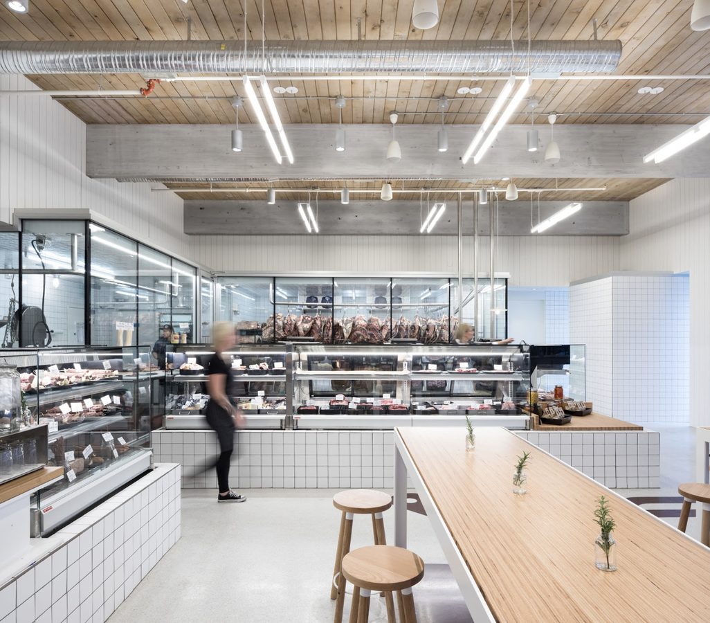 Butchery counter and communal wooden table
