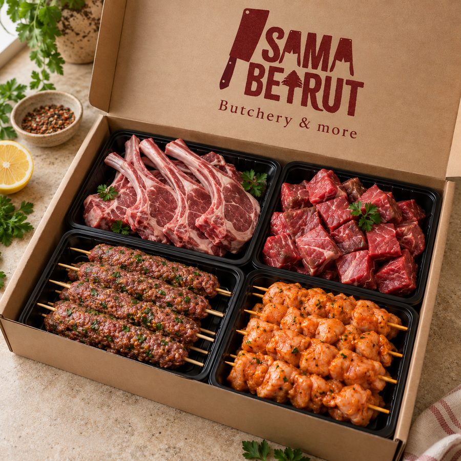 Sama Beirut kraft delivery box with lamb chops, beef cubes, kofta and chicken skewers