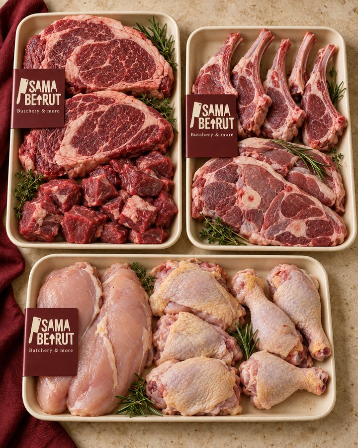 Steaks, lamb chops and chicken cuts on trays with Sama Beirut labels
