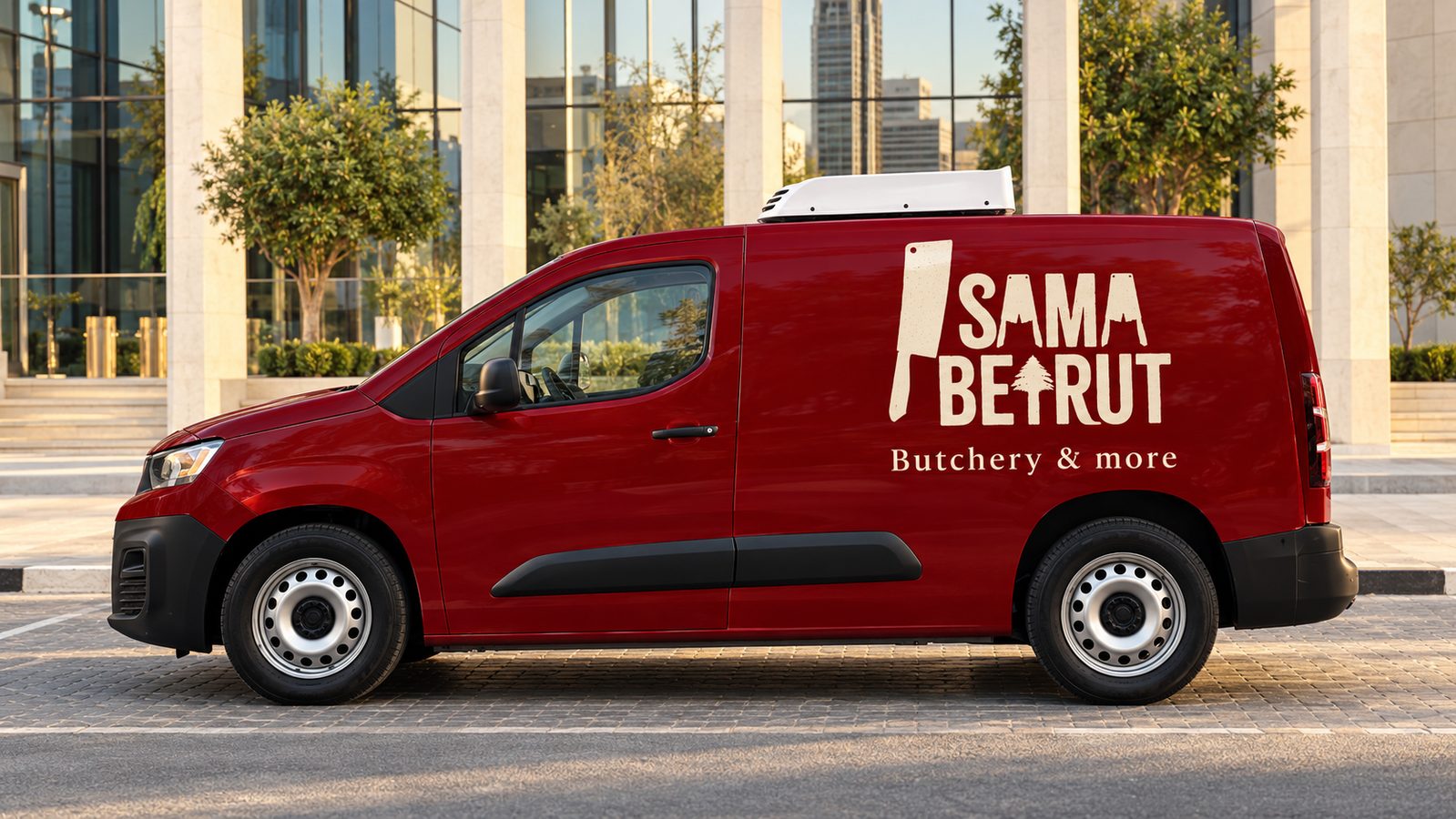 Maroon Sama Beirut delivery van with cream logo livery